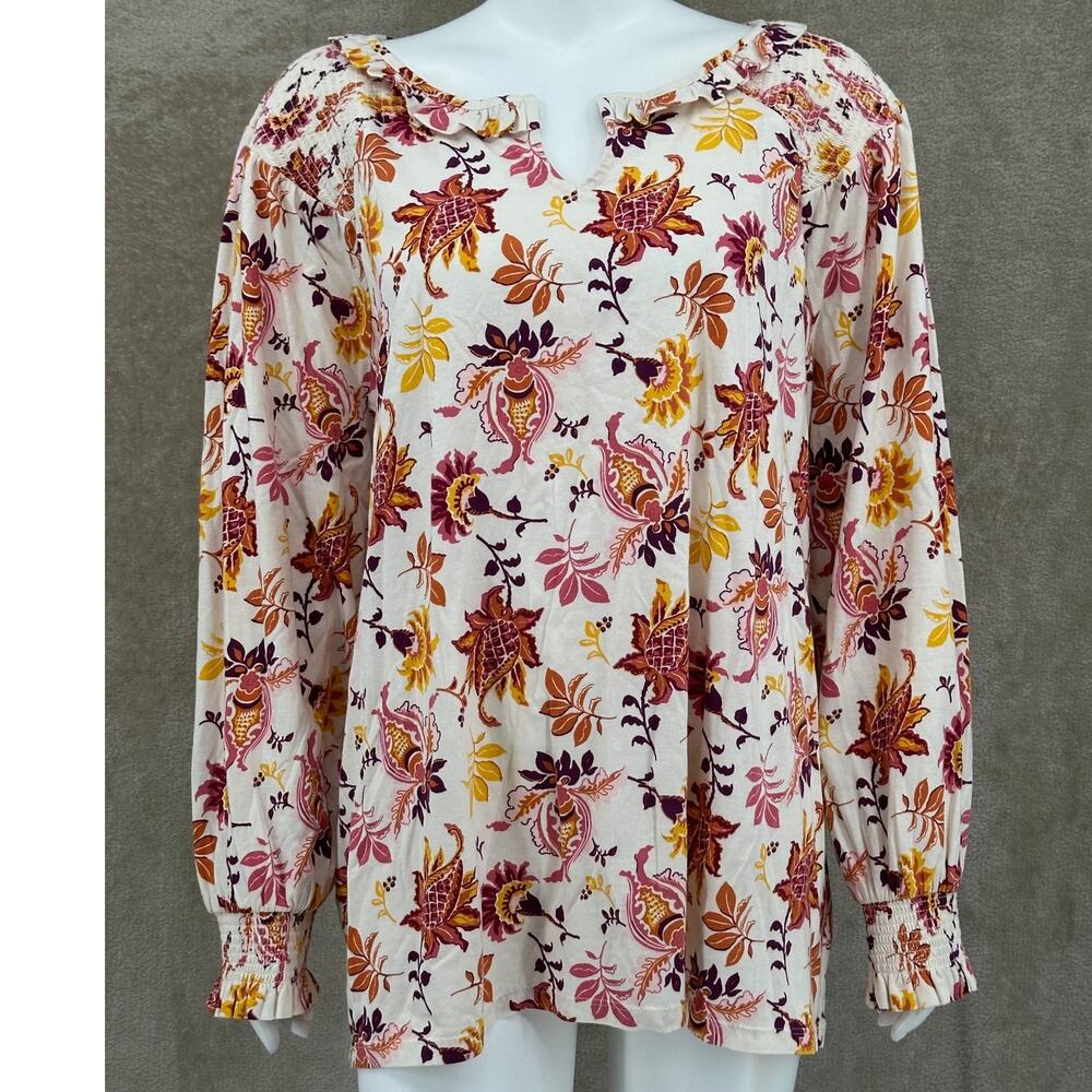 Talbots Top Womens 2X Cream Floral 100% Cotton Ruffles‎ Boho Peasant Fall Autumn